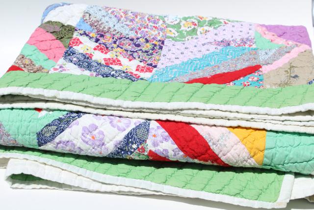 30s 40s vintage hand stitched patchwork quilt, cotton print fabric in all colors