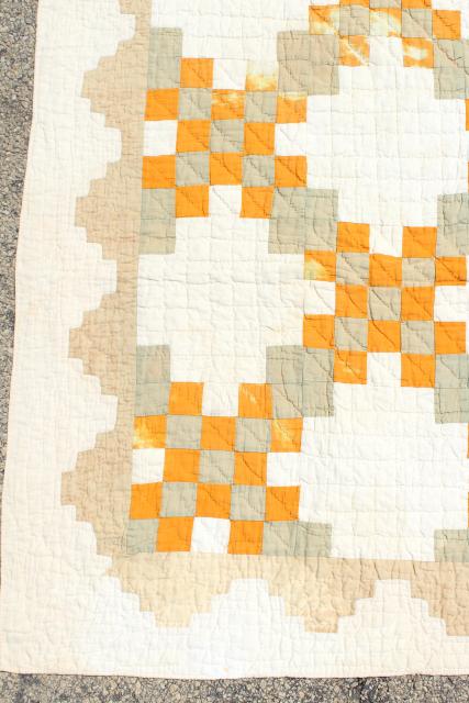 30s 40s vintage hand stitched patchwork quilt, mustard gold & faded sage