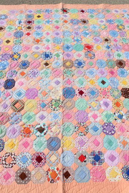 30s 40s vintage hand stitched quilt, cotton print fabric flower garden patchwork 