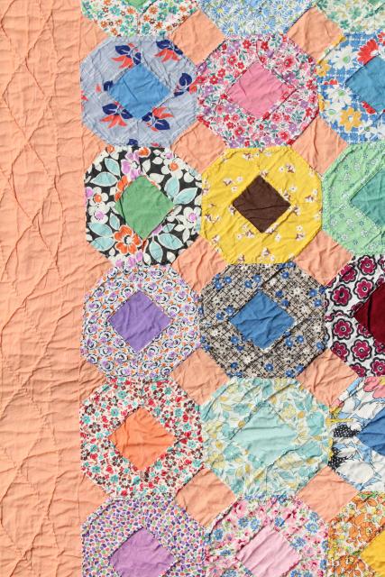 30s 40s vintage hand stitched quilt, cotton print fabric flower garden patchwork 