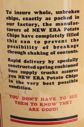 30s vintage New Era potato chips can, old advertising tin w/ art deco silhouettes