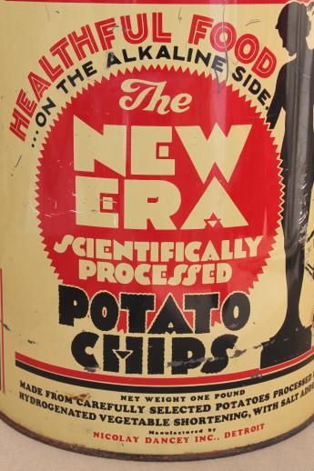 30s vintage New Era potato chips can, old advertising tin w/ art deco silhouettes