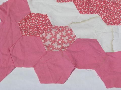 30s vintage antique patchwork quilt top, candy pink cotton prints, huge!