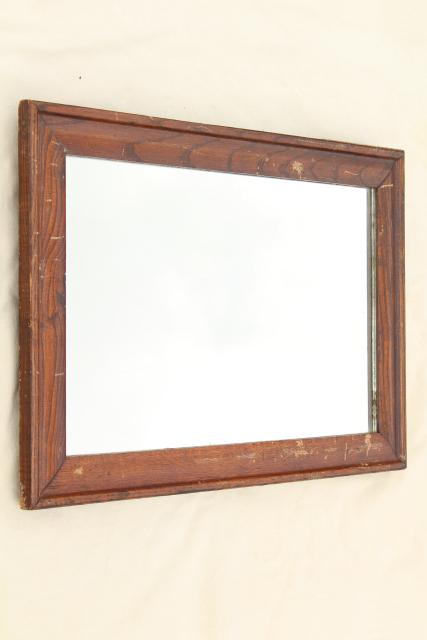 30s vintage oak framed plain glass mirror, industrial office furniture w/ rustic patina