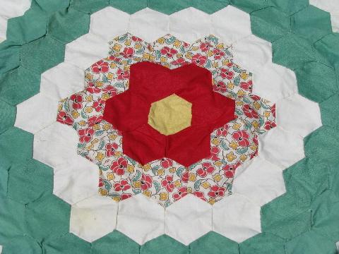 30s vintage patchwork quilt top, jadite green/cotton prints, huge!