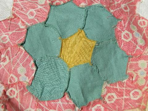 30s vintage patchwork quilt top, jadite green/cotton prints, huge!