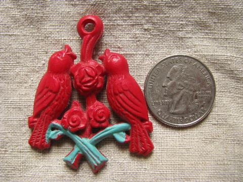 30s-40s vintage early plastic shade or light cord pull, red song birds
