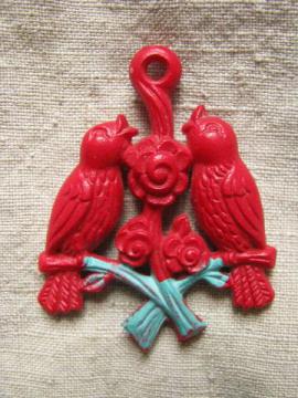 30s-40s vintage early plastic shade or light cord pull, red song birds
