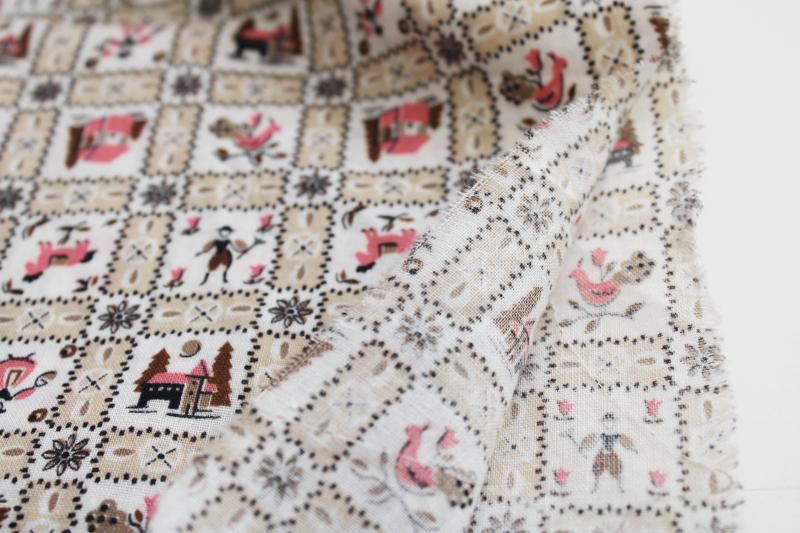 40s 50s vintage feed sack fabric, pink print folk art roosters, barns, people 