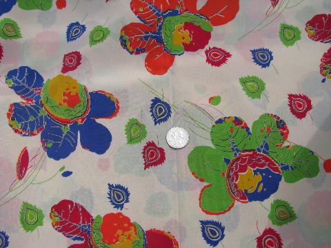 40s - 50s vintage floral print silk or rayon fabric, bright flowers on ivory