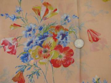 40s - 50s vintage floral print silk or rayon fabric, flowers on apricot peach