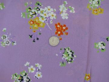 40s - 50s vintage floral print silk or rayon fabric, flowers on lavender lilac