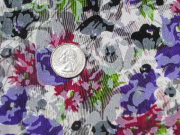 40s - 50s vintage floral print silk or rayon fabric, watercolor flowers blue/plum/grey