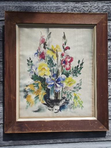 40s 50s vintage floral still life watercolor, artist signed w/ gallery notes