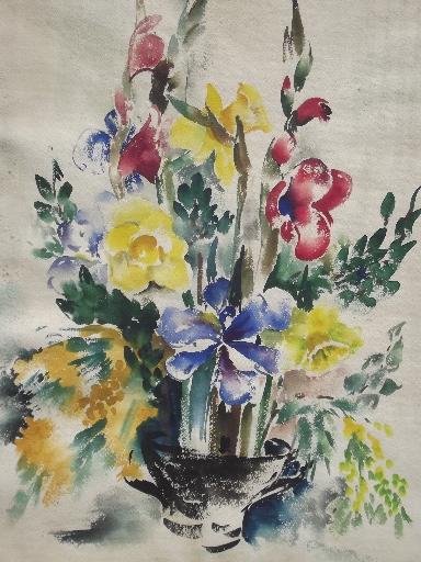 40s 50s vintage floral still life watercolor, artist signed w/ gallery notes