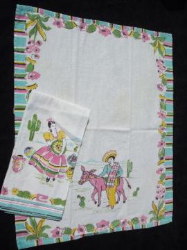 40s 50s vintage old Mexico kitchen towels, Mexican theme in pink and aqua