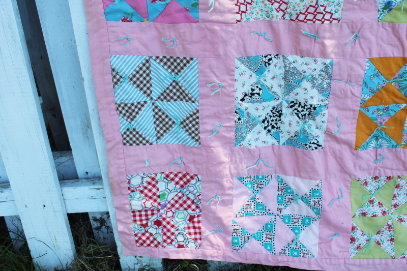 40s 50s vintage pinwheel patchwork quilt, colorful prints, candy pink cotton border