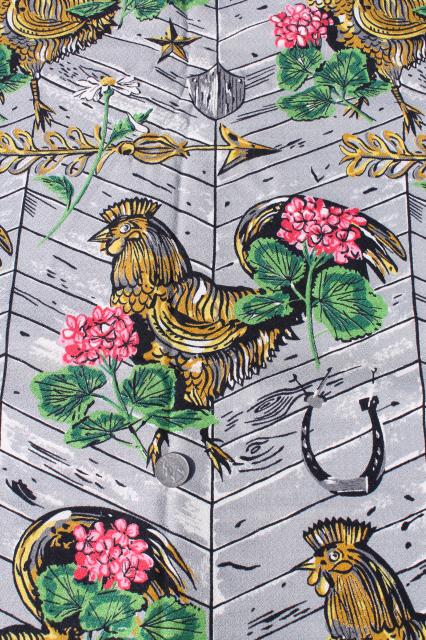 40s 50s vintage print cotton barkcloth fabric - roosters, pink geraniums, grey barn wood