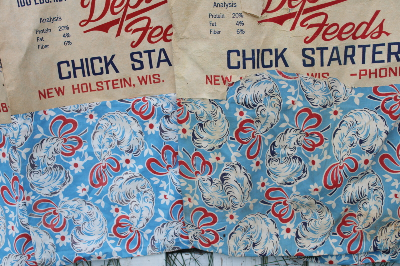 40s 50s vintage red white blue floral print cotton fabric feed sacks w/ original paper labels