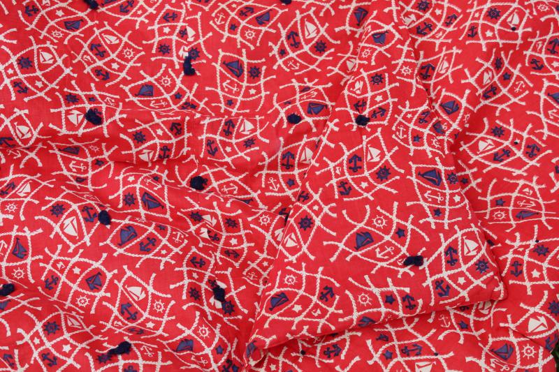 40s 50s vintage tied comforter quilt, red white blue nautical cotton print fabric