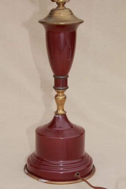 40s 50s vintage tole metal table lamp without shade, maroon burgundy