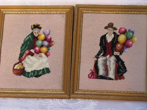 40's framed needlepoints, Balloon Man & Lady