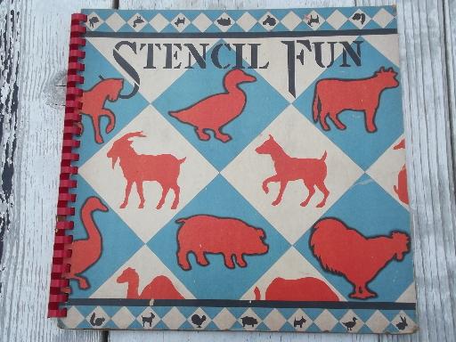 40s vintage Stencil Fun book, large and small stencils farm animals and pets