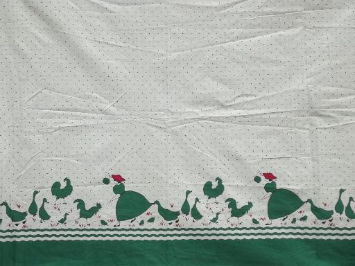 40s vintage border print cotton fabric, lady feeding chickens print 