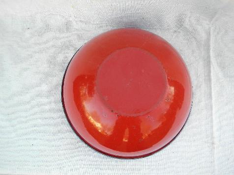 40s vintage cherry red enamel kitchen utility bowl, old black band enamelware