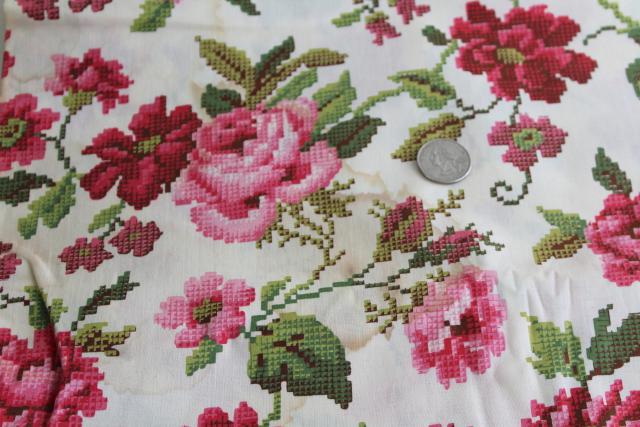 40s vintage cotton fabric, large red pink roses petitpoint needlepoint print