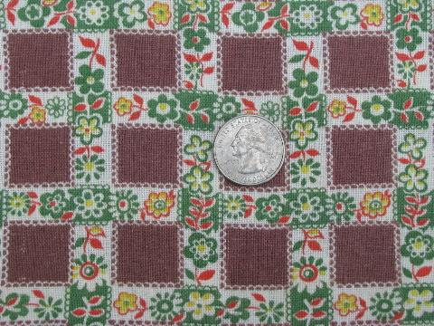 40s vintage cotton feed sack fabric, flower checkered quilt blocks print