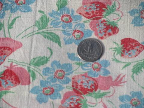 40s vintage cotton print feedsack fabric, pink and red strawberries