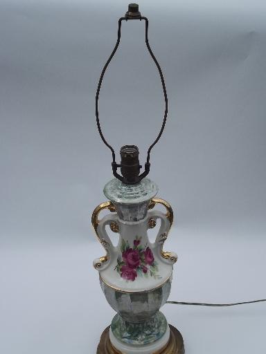 40s vintage ornate double-handled china lamp, green marble and pink roses