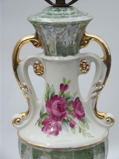 40s vintage ornate double-handled china lamp, green marble and pink roses