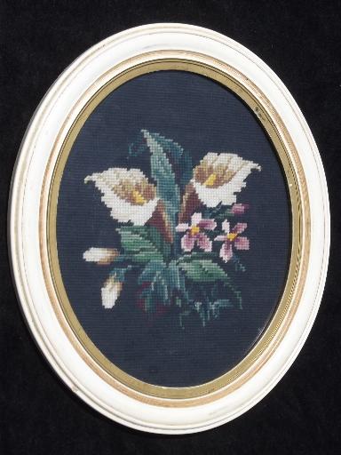 40s vintage pair of needlepoint pictures in oval frames, floral bouquets