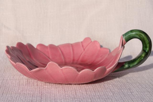 40s vintage pink flower dish w/ green leaf handle, ceramic art studio pottery USA