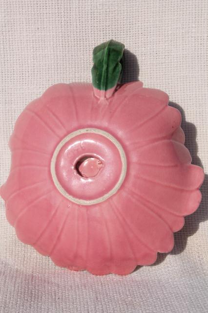 40s vintage pink flower dish w/ green leaf handle, ceramic art studio pottery USA