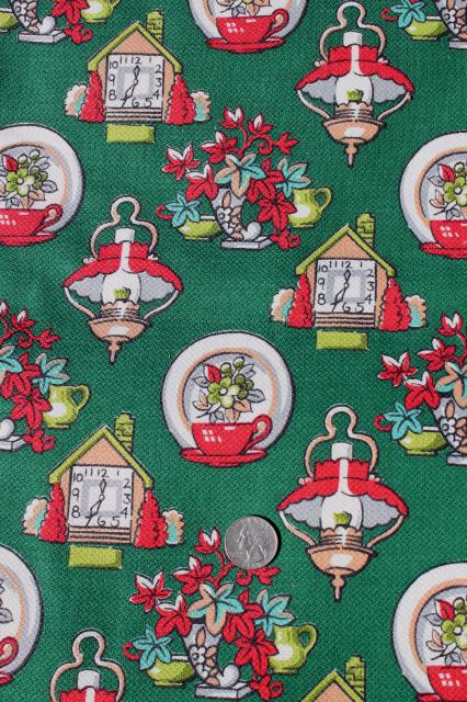 40s vintage print cotton barkcloth fabric, country cottage clocks & lamps & flowers