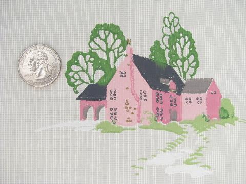 40s vintage wallpaper, pink cottages & green trees, huge lot old wall paper