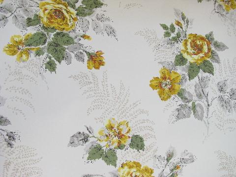 40s vintage yellow roses floral print wallpaper, huge lot old flowered wall paper