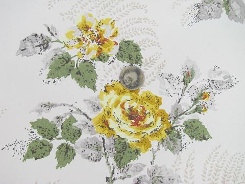 40s vintage yellow roses floral print wallpaper, huge lot old flowered wall paper