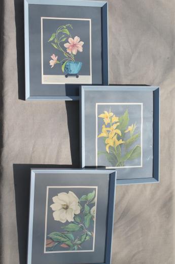 50s 60s vintage Turner style framed floral prints, mod flowers on steel grey