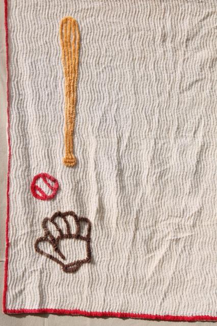 50s 60s vintage cotton chenille curtains, baseball theme decor for sports TV den or man cave!