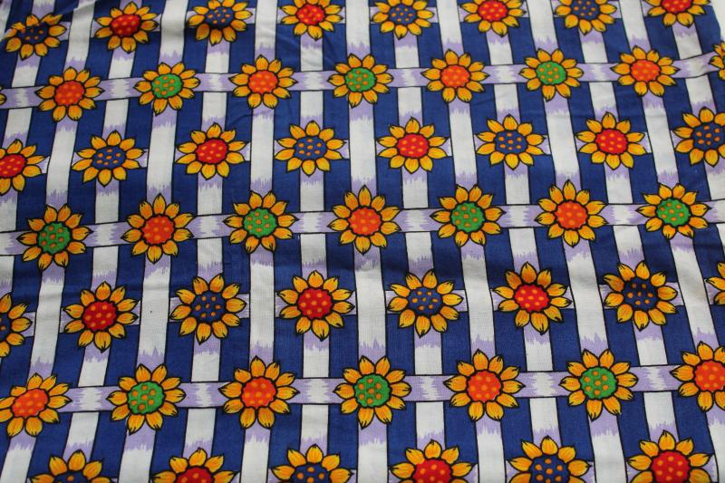50s 60s vintage cotton fabric, bright sunflowers garden fence lattice on blue
