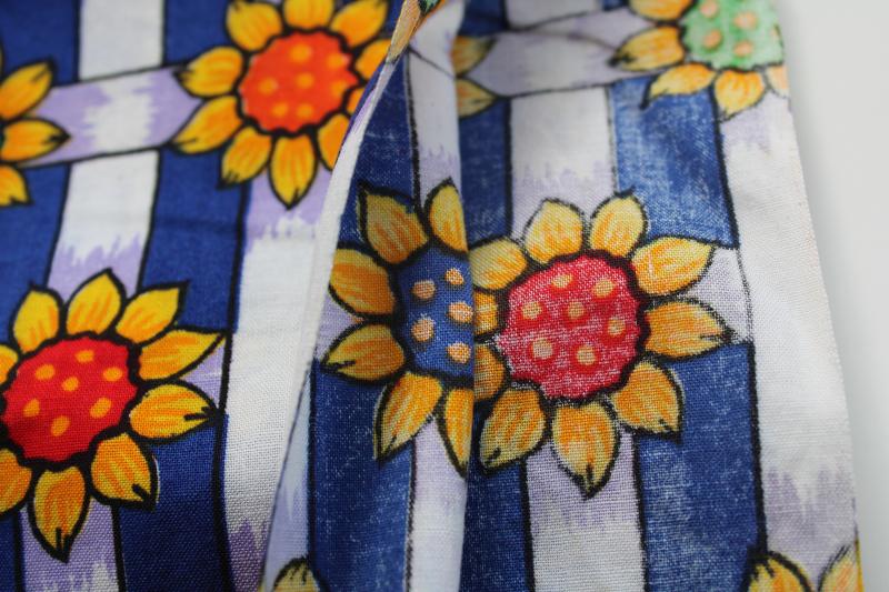 50s 60s vintage cotton fabric, bright sunflowers garden fence lattice on blue
