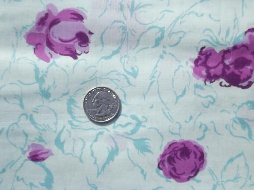 50s 60s vintage cotton fabric, magenta pink roses floral print on blue