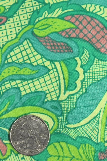 50s 60s vintage cotton paisley print fabric, shade of green and pink
