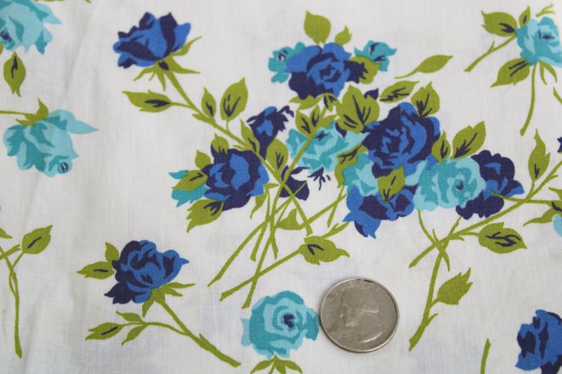 50s 60s vintage fabric w/ blue roses print, smooth crisp cotton sheeting