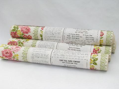 50s - 60s vintage floral print wallpaper, York wall paper w/ pink flowers