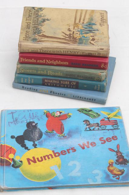 50s 60s vintage school books & readers, learning to read & numbers w/ great retro pictures